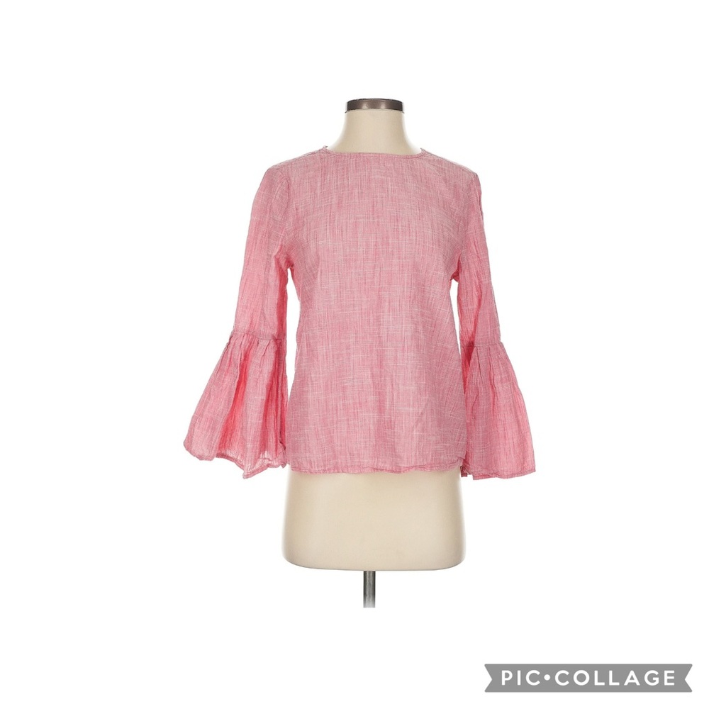 Beachlunchlounge Cotton Pink Ruffled Bell Sleeve Blouse with Mother Of Pearl Btn